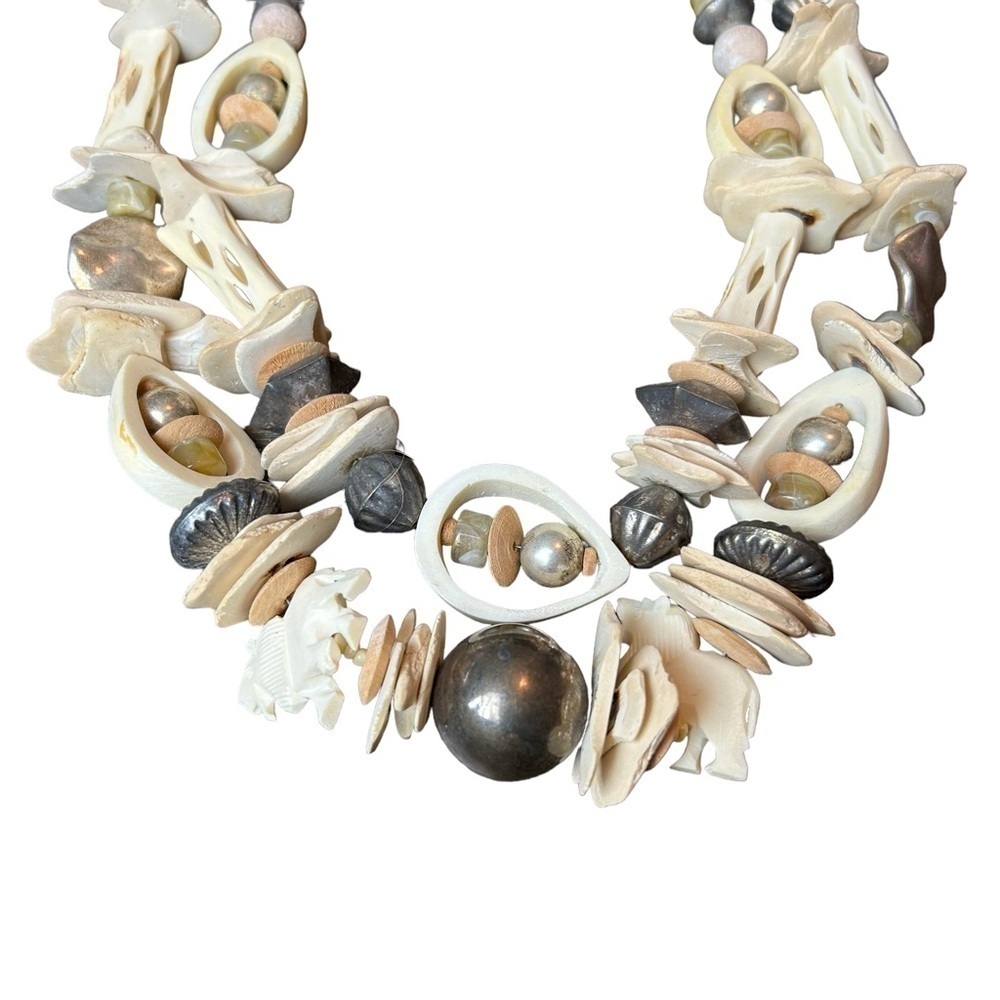 Bone Metal Stone Bead Vintage Two Tier Necklace Carved Lions Bone Hook Closure - Picture 2 of 16